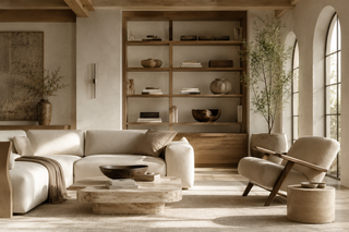 A styled living room interior featuring a cream sectional sofa, a matching accent chair, a low wooden coffee table, and a large built-in wooden shelving unit against a warm beige wall. The room is lit by natural light from arched windows, with neutral decor and plants throughout.