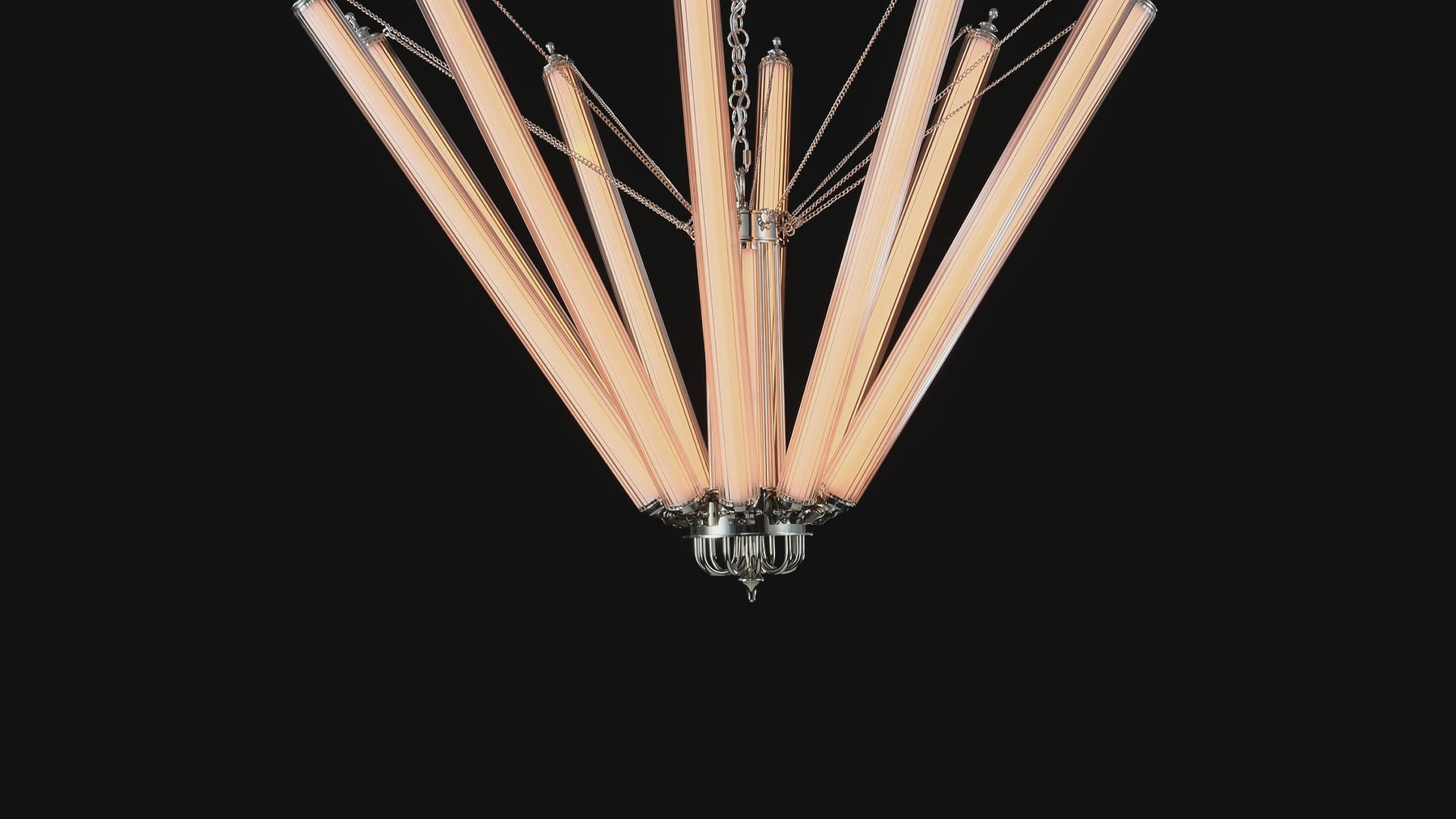 Aurora Sputnik Ribbed Glass Chandelier shown illuminated as its adjustable ribbed glass arms pivot between raised, angled, and horizontal positions, with close-up views of the polished nickel frame.