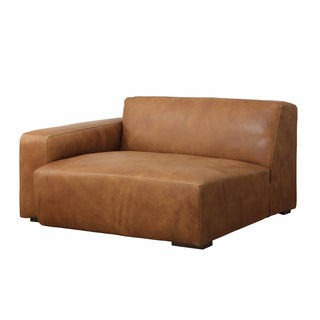 angle view of Rustic Haven right arm sectional sofa piece in cognac brown leather