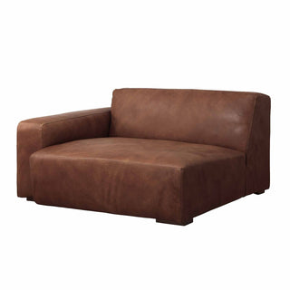 angle view of Rustic Haven right arm sectional sofa piece in light brown leather