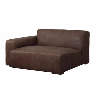 angle view of Rustic Haven right arm sectional sofa piece in dark brown leather