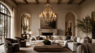 Rustline crystal chandelier illuminating a warm neutral living room with arched windows and layered seating.