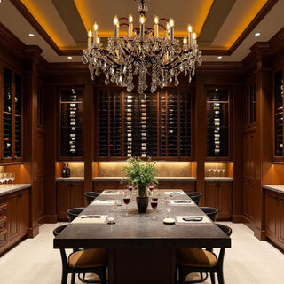 rustline chandelier installed in raditional dinning room with ornate ceiling and luxury wine cellar room tone