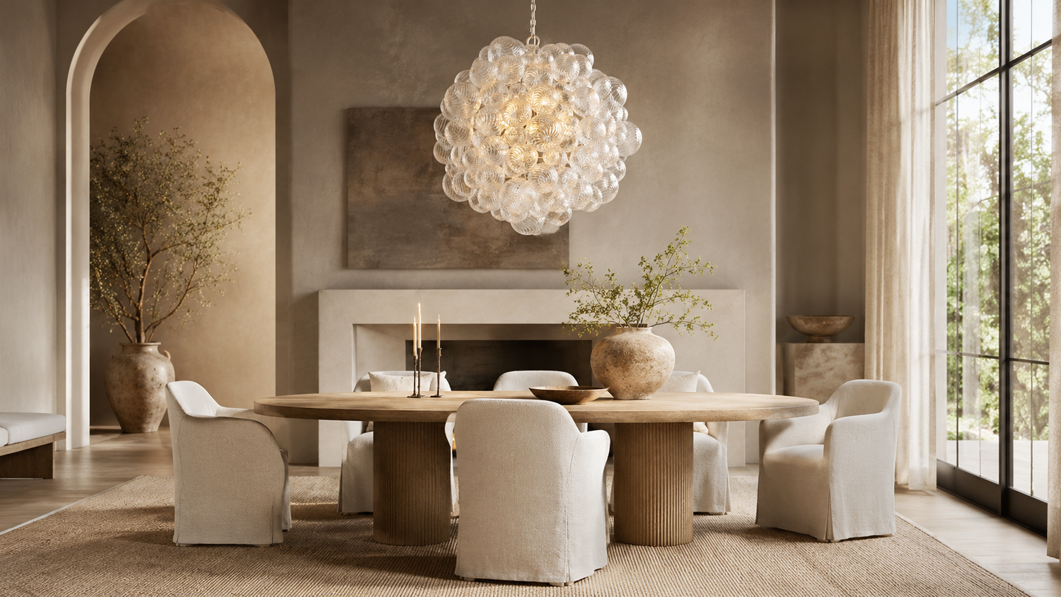 Spiral Bubble glass chandelier glowing above a dining area in a warm neutral contemporary interior.