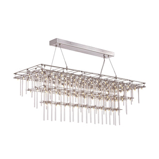 angle view of Stardust chandelier with tiered glass rods and rectangular metal frame 