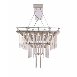 side view of Stardust chandelier with tiered glass rods and rectangular metal frame 