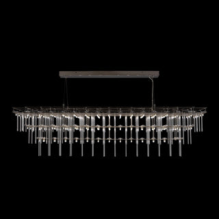 front view of Stardust chandelier with tiered glass rods and rectangular metal frame 