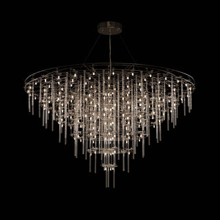 oversized and luxury stardust chandelier with grand cascading glass rods in a tiered round silhouette