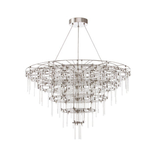 large round chandelier emphasizing glass rods tier separation and drop variation