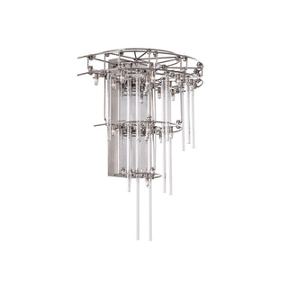 Angled view of small Stardust Sconce Lamp showing layered vertical glass rods and nickel-plated frame, against white backdrop