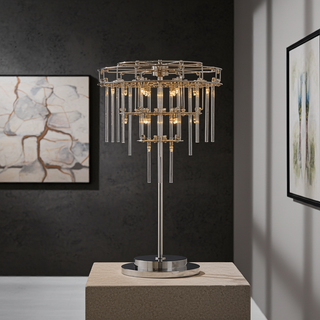 Moorizon Stardust glass-rod table lamp with stainless base, soft bedside task light