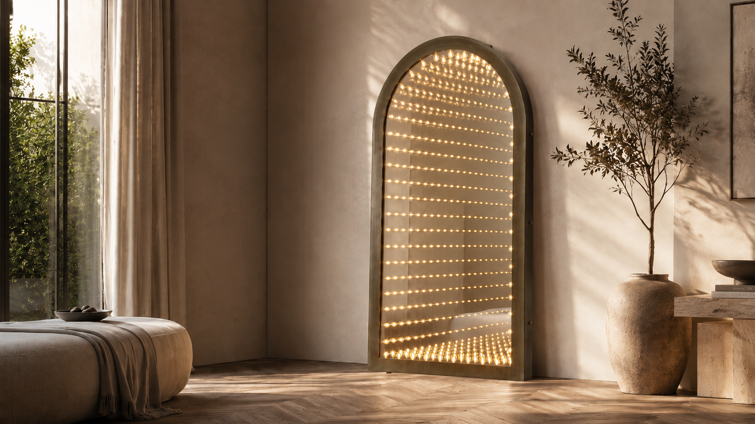 Timeless Gate arched LED wall mirror illuminated in a warm modern entryway