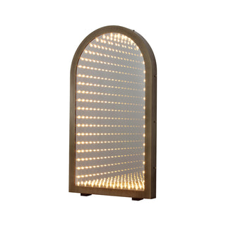 angle view of timeless gate oversized arched mirror with LED infinity lighting effect