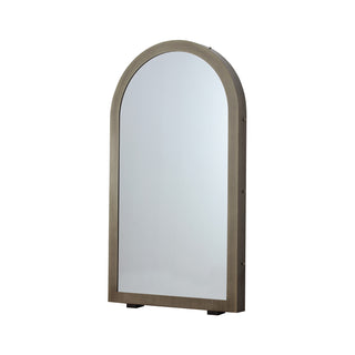 angle view of timeless gate mirror featuring antique bronze alloy frame and backlit mirror