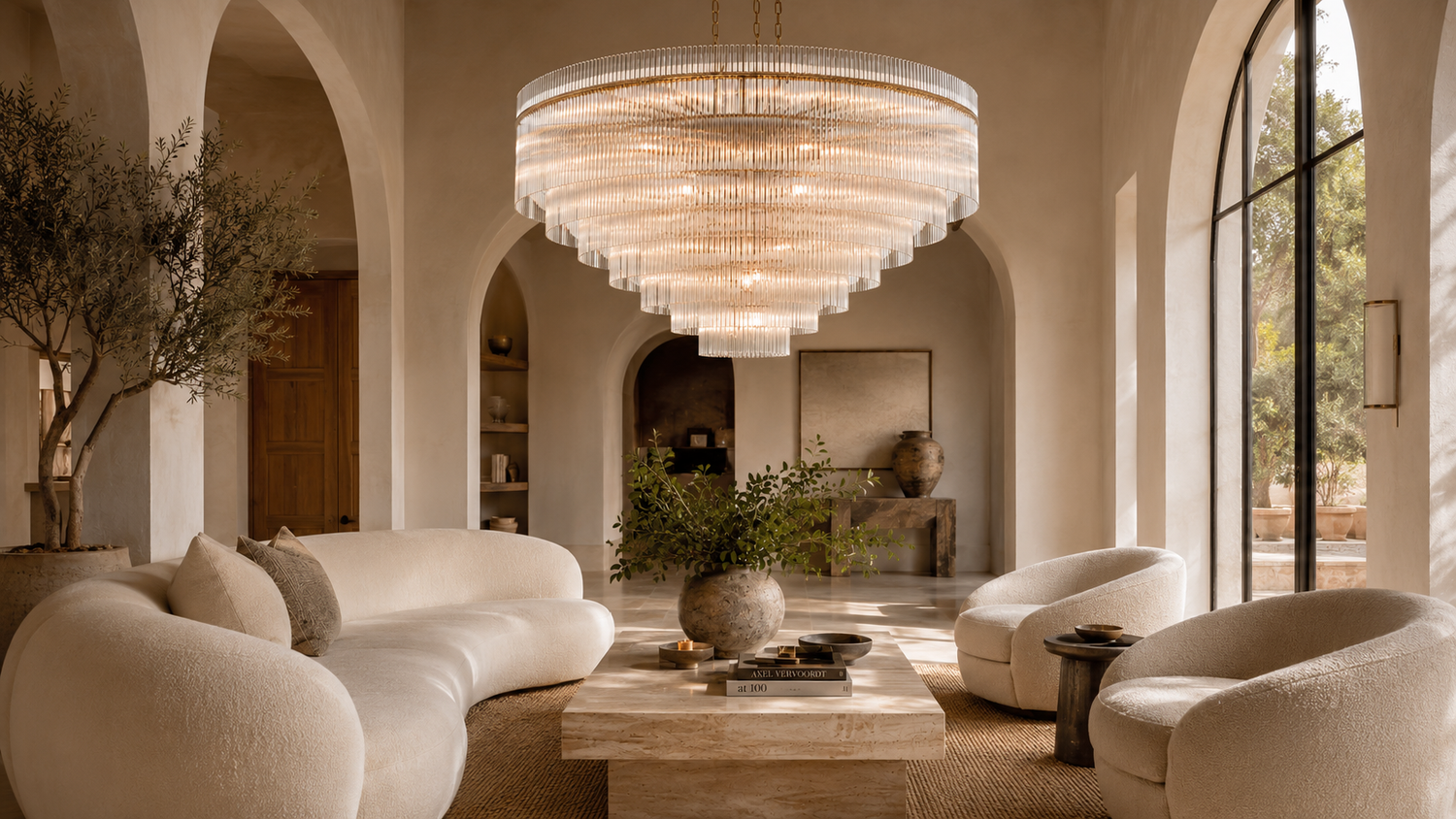 Wide view of the Timelore round glass rod chandelier illuminated in an elegant neutral living room