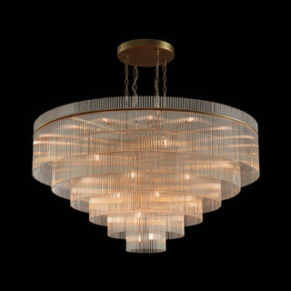 Timelore tiered round chandelier with solid crystal rods and natural brass frame