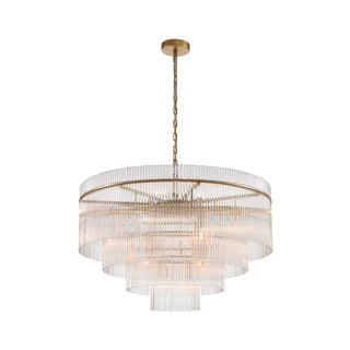 small timelore chandelier with layered crystal tiers and warm aged brass finish