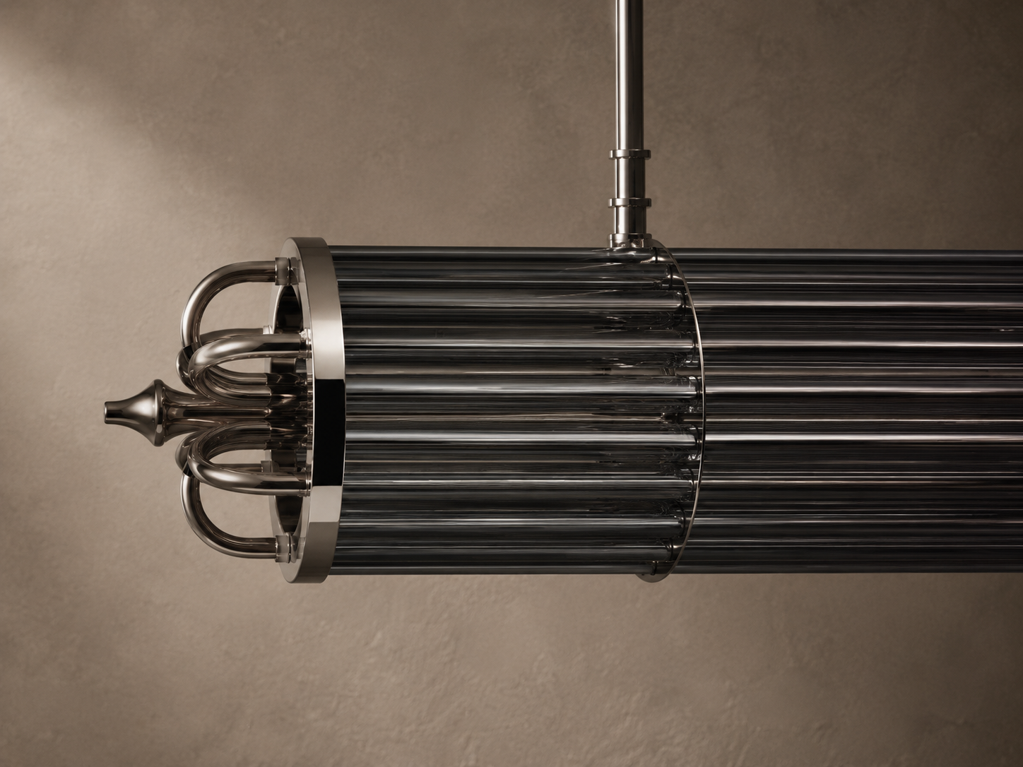 Close-up of the Urban Glow chandelier when unlit, showing smoked mirrored glass rods and polished metal accents.