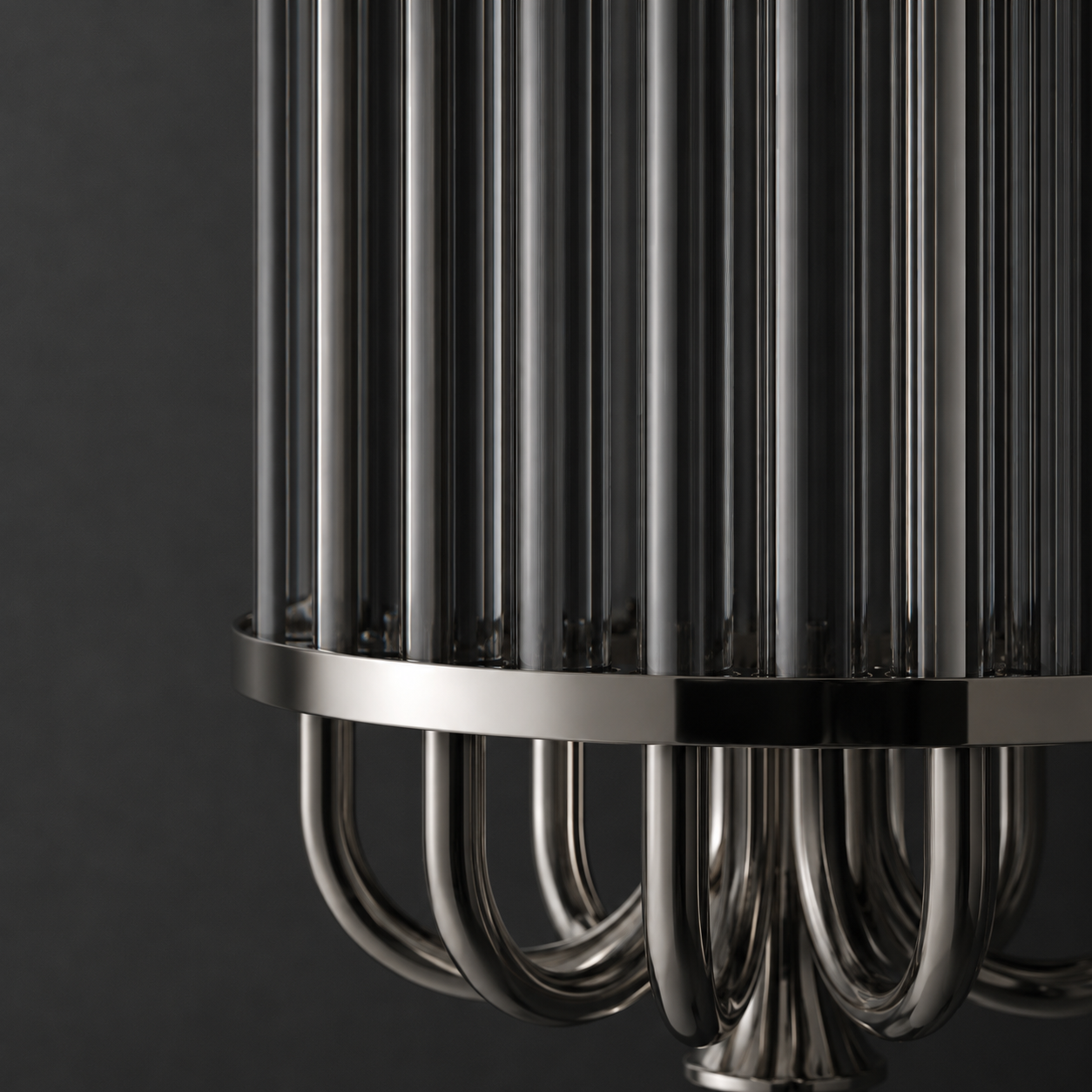 Urban Glow wall sconce detail featuring vertically arranged glass rods, curved ends, and a polished metal band.