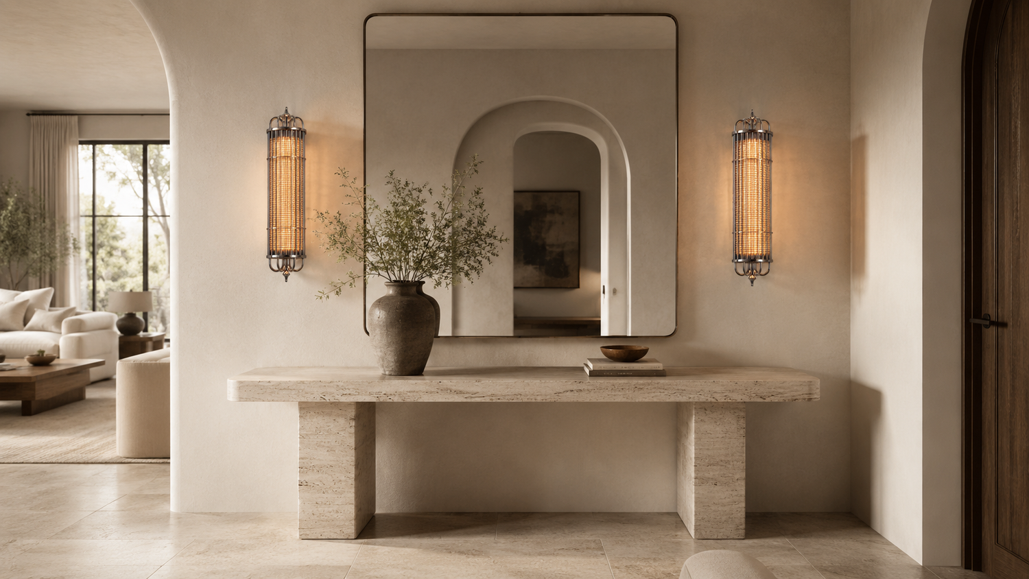 Urban Glow wall sconces with illuminated ribbed glass rods framing a mirror in a warm luxury entryway.