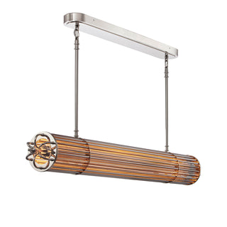 Front view of Urban Glow linear pendant light with warm amber glass rod shade and modern industrial design