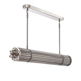 angle view of Urban Glow kitchen pendant in cool silver finish and cylindrical rod structure