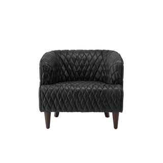  Vintage Diamond 1-Seater Sofa in Matte Black Full-Grain Leather with Wooden Legs – Modern Accent Chair