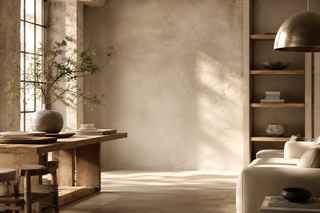 Sunlit modern interior with a textured plaster wall, natural wood furniture, and warm neutral finishes.
