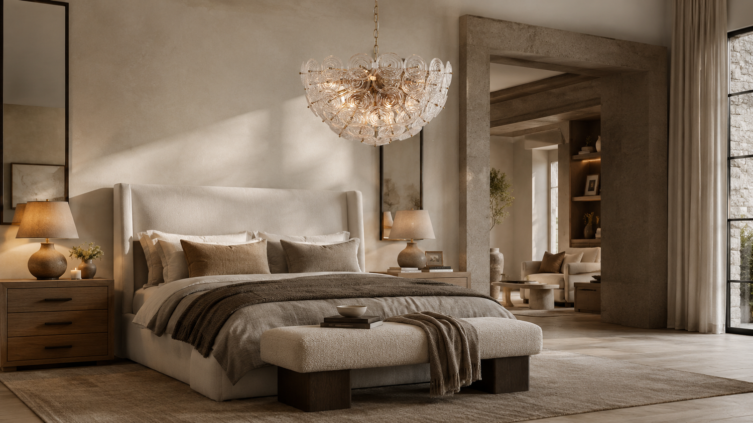 Wavora rippled glass disc chandelier illuminated in an elegant neutral living room