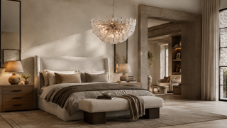 Wavora rippled glass disc chandelier illuminated in an elegant neutral living room