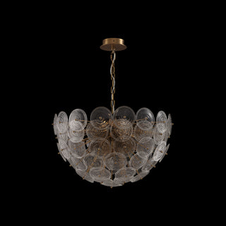 Wavora Demi crystal chandelier on black background, textured glass petals catching soft ambient light