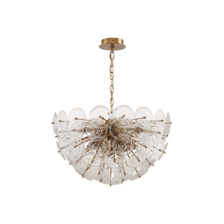 Wavora Demi crystal chandelier on white background, half-dome silhouette with layered glass petals, lights off