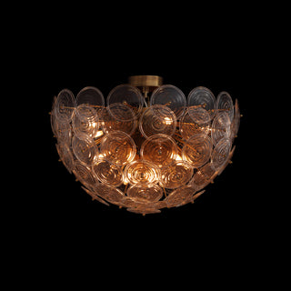 Wavora demi flushmount ceiling light glowing on black background, sculptural glass petal shade