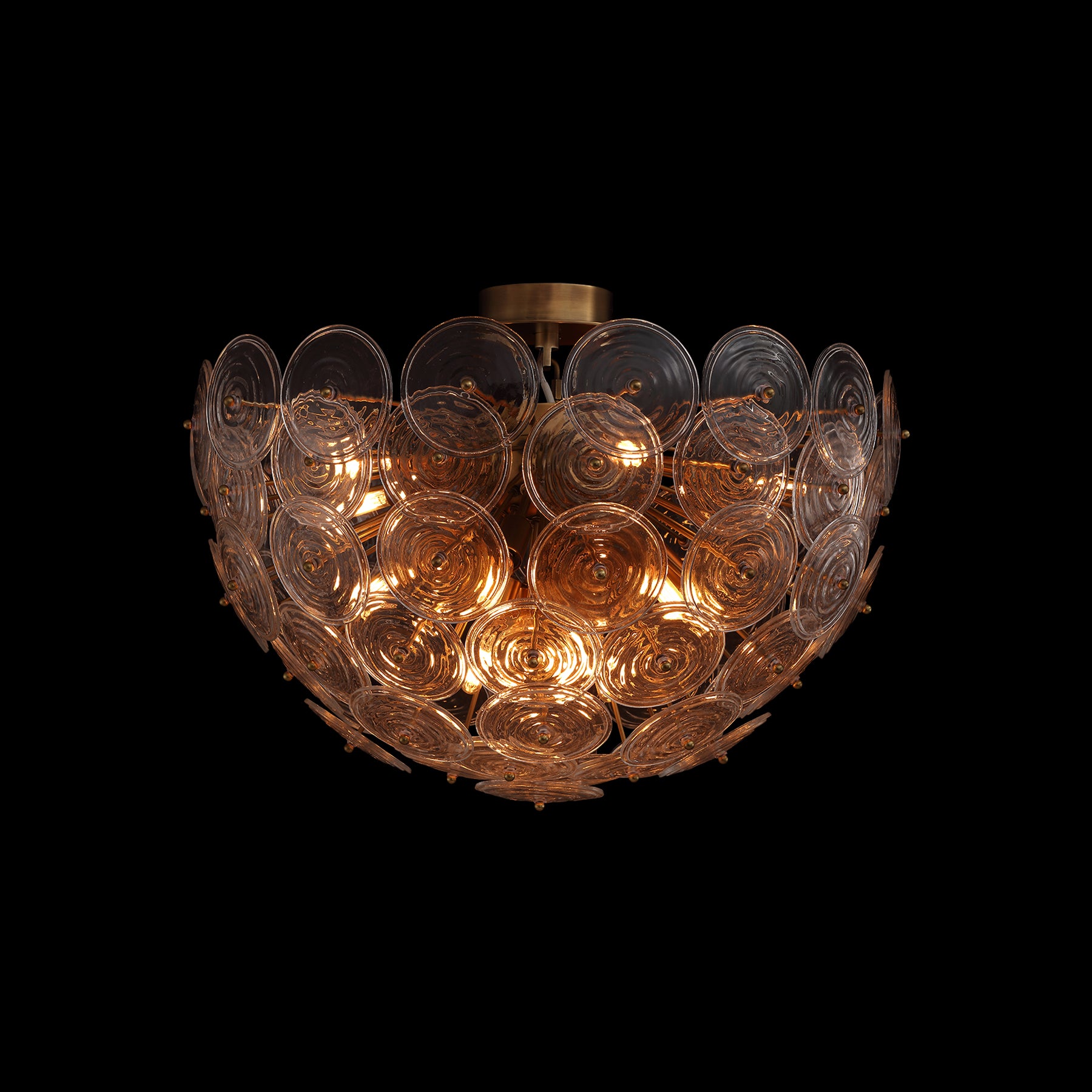 Wavora demi flushmount ceiling light glowing on black background, sculptural glass petal shade