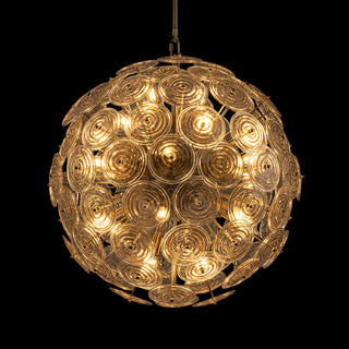 Wavora glass sphere chandelier with warm rippled glass discs and burnished brass frame.